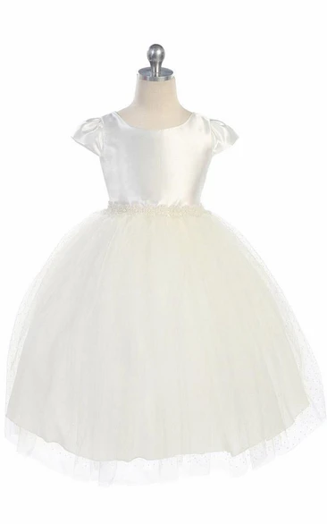 Beaded Tulle&Satin Flower Girl Dress Cap-Sleeve Tea-Length