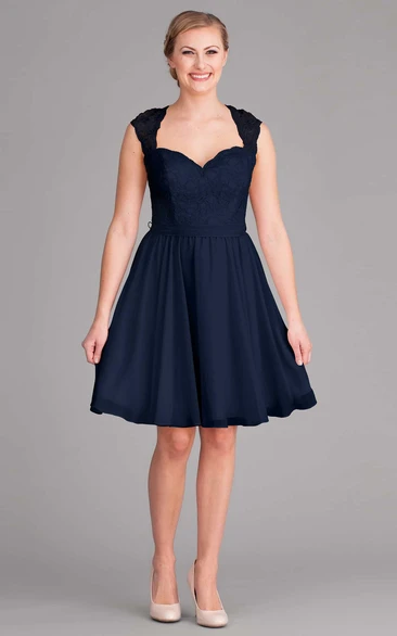 Cap Sleeve V-Neck Lace Chiffon Knee-Length Bridesmaid Dress