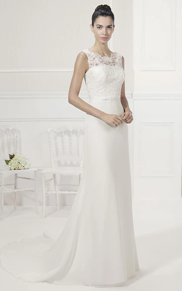 Sheath Wedding Dress with Sequined Lace Top and V-Back Sash