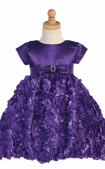 Satin Floral Tea-Length Flower Girl Dress with Bow and Ribbon Modern Bridesmaid Dress