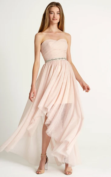 High-Low Ruched Strapless Tulle Bridesmaid Dress Flowy High-Low Ruched Tulle Bridesmaid Dress Women