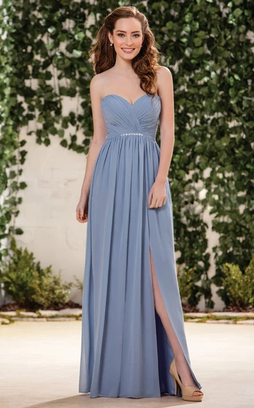 Chiffon A-Line Bridesmaid Dress with Front Slit and Crystals Flowy Prom Dress