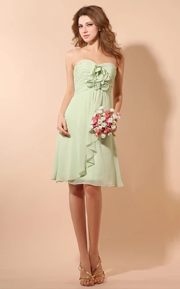 Soft Flowing Short Bridesmaid Dress with Ruching and Flower Detail