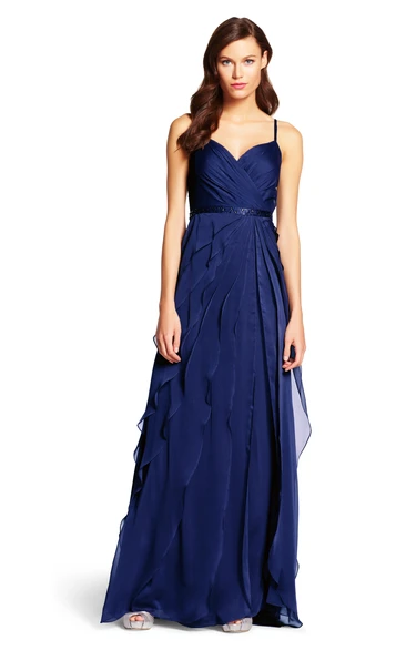 Ruched Spaghetti Chiffon Bridesmaid Dress with Waist Jewelry A-Line Style