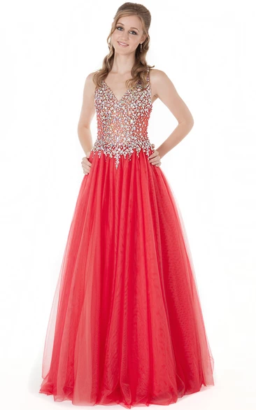 Crystal V-Neck A-Line Tulle Prom Dress Sleeveless Floor-Length with Pleats