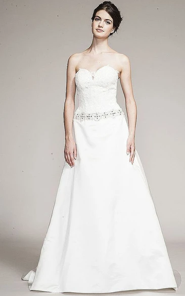 Sweetheart Satin A-Line Wedding Dress with Jeweled Lace and Long Train