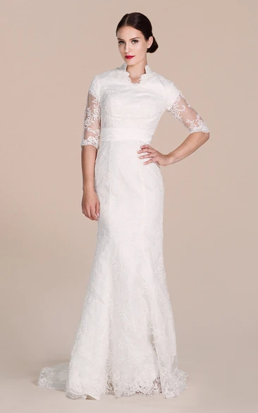 Illusion Detail Sheath Lace Dress with Half Sleeves