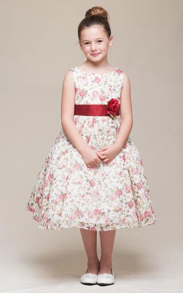 Tiered Satin and Chiffon Tea-Length Flower Girl Dress