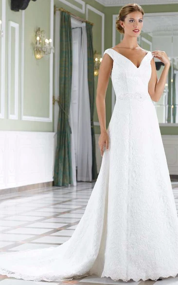 Lace Jeweled Wedding Dress with Low-V Back and Court Train A-Line Floor-Length
