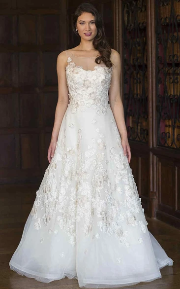 Floral Applique A-Line Wedding Dress Floor-Length Sleeveless Scoop-Neck