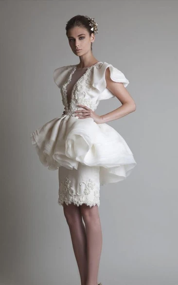 Jewel Peplum Organza Lace Homecoming Dress Short Sleeve Sheath Knee-length Appliques Ruffles