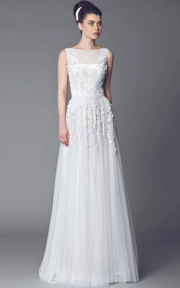 Illusion Back Tulle Wedding Dress with Pleats A-Line Sleeveless Long