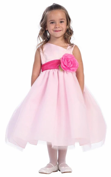 Floral Tea-Length Tiered Tulle&Satin Flower Girl Dress Elegant Wedding Dress for Girls