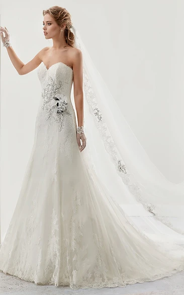Bridal Gown with Brush Train and Beaded Flower Lace Sweetheart Neckline