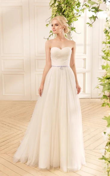 Off-The-Shoulder Tulle Lace Wedding Dress with Criss Cross and Pleats