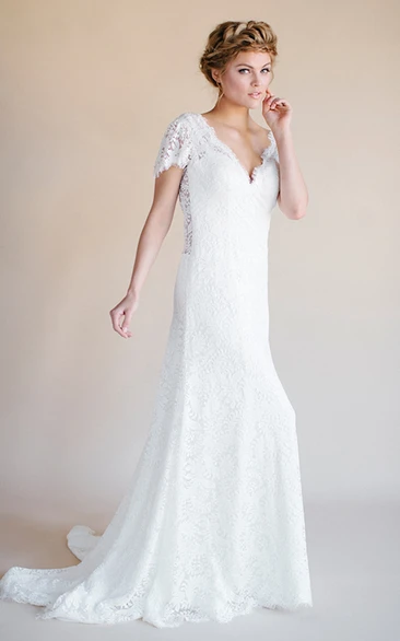 Backless V-Neck Lace Short-Sleeve Wedding Dress