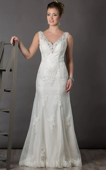 Open Back Sheath Tulle Wedding Dress with Lace and V Neckline Crystal Embellished