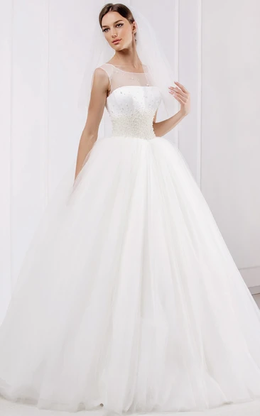 Bateau Crystal Corset Ball-Gown Wedding Dress with Court Train Sleeveless