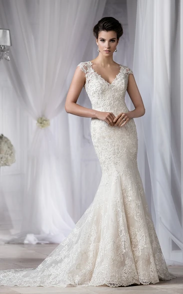 Crystal Detail Cap-Sleeve Mermaid Bridal Gown
