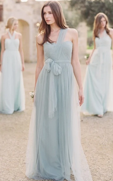 One-Shoulder Tulle Bridesmaid Dress with Long Bow Ruching