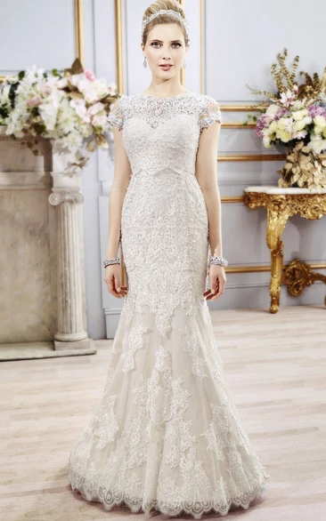 Cap-Sleeve High Neck Lace Mermaid Wedding Dress Illusion Detail