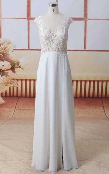 Chiffon A-line Wedding Dress with Cap Sleeves and Front Split Lace