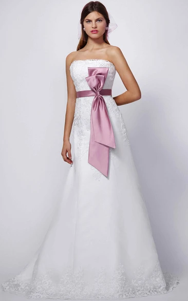 Strapless Satin&Lace Bridesmaid Dress with Bow Sleeveless A-Line Bridal Gown