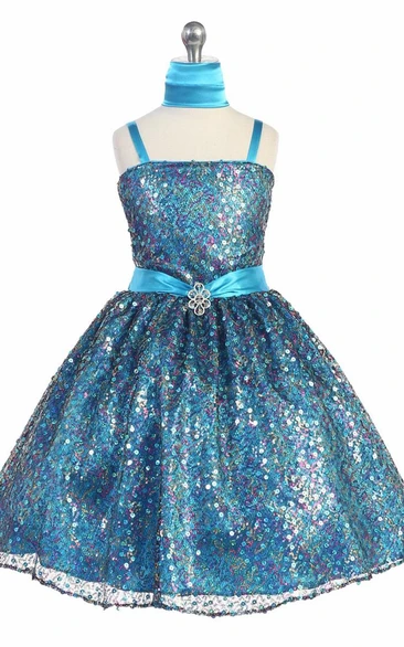 Beaded Cape Tea-Length Satin & Sequins Tiered Flower Girl Dress with Ribbon