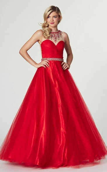 Maxi High Neck Sleeveless Ruched A-Line Tulle Prom Dress