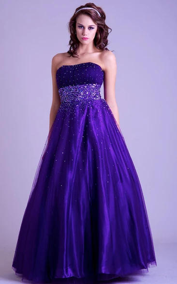 A-Line Ruched Tulle & Satin Prom Dress Long & Strapless