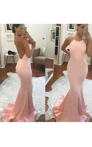 Sleeveless Mermaid Halter Satin Prom Dress Sweep Brush Train Trumpet