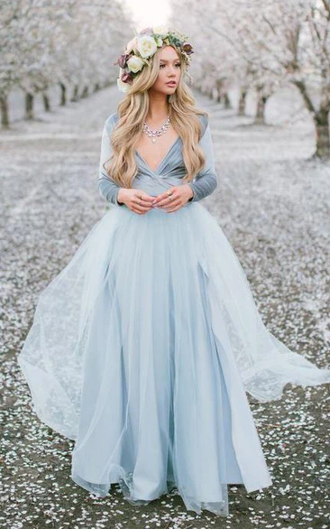 Bohemian Long Sleeve A-Line Formal Dress with Tulle and Split Front Unique & Flowy