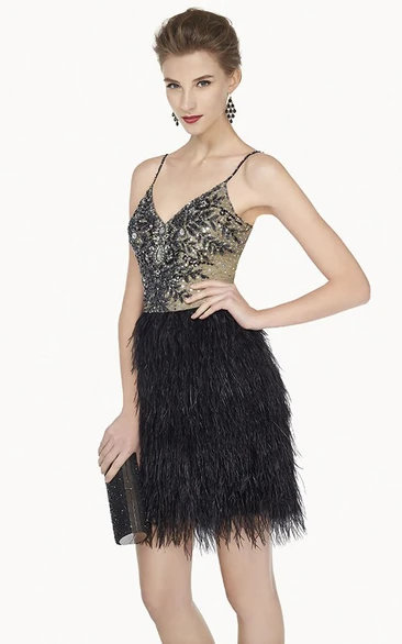 Mini Feather Prom Dress with Beaded Straps Sexy V Neck