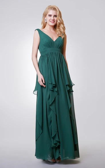 Long Chiffon A-line Bridesmaid Dress with V-neck Sleeveless and Tiers