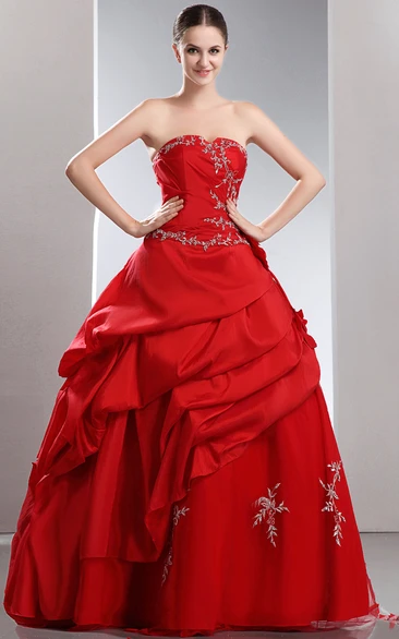 Satin Ball Gown Prom Dress with Beading and Ruffles Layered and Strapless