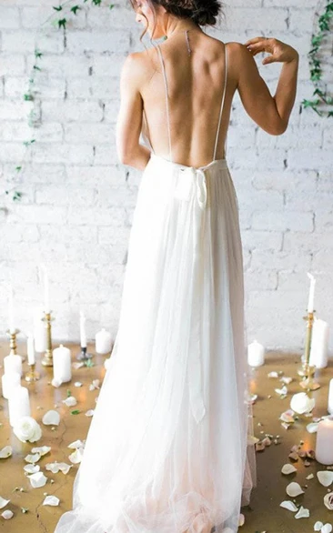 Chiffon Spaghetti Strap Open Back Wedding Dress A Line Style