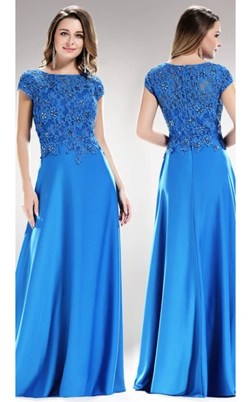 Satin A-Line Formal Dress with Lace Appliques and Short Sleeves