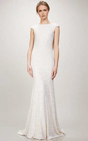 Long Jersey Beaded Wedding Dress with Bateau Neckline and Sweep Train