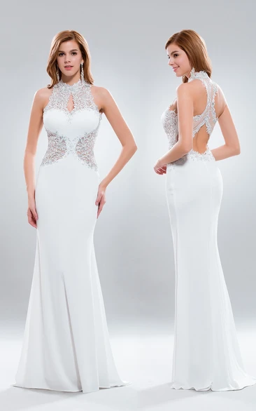 Sleeveless Jersey Keyhole Prom Dress with Appliques Sheath Style