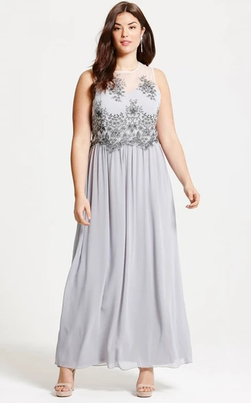 Appliqued Sleeveless Ankle-Length Scoop Neck Chiffon Bridesmaid Dress