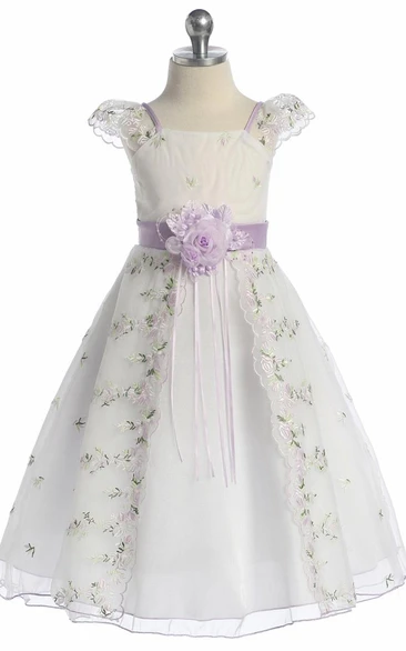 Split Tea-Length Organza Flower Girl Dress with Bowed Floral Design and Embroidery