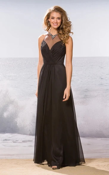 Jeweled Neck A-Line Bridesmaid Dress with Illusion Style High Neck Formal Dress