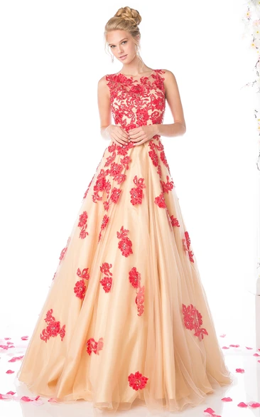 Applique Tulle Ball Gown Illusion Prom Dress with Scoop Neck