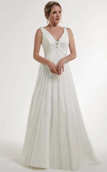 Beaded A-Line Sleeveless V-Neck Wedding Dress with Ruching Modern Wedding Dress