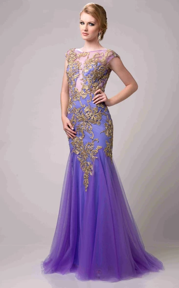 Mermaid Appliqued Cap Sleeve Tulle Prom Dress Classy Formal Dress