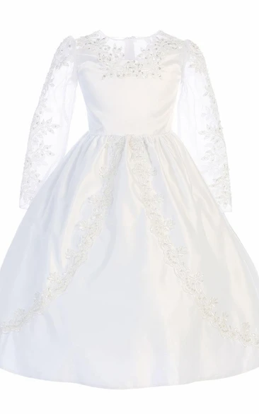 Organza Satin Beaded Tea-Length Flower Girl Dress with Tiers