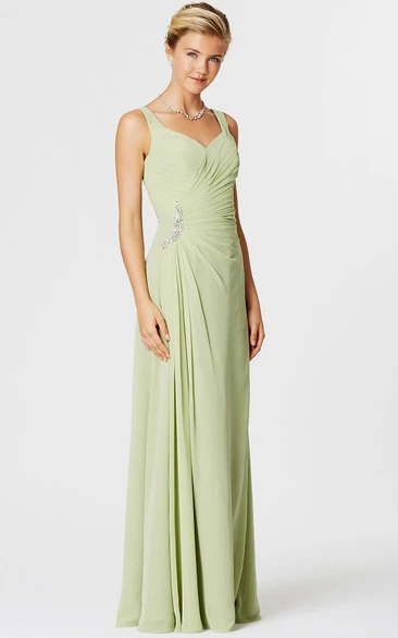 Sleeveless Chiffon Bridesmaid Dress with Side-Draped Straps and Beaded Details