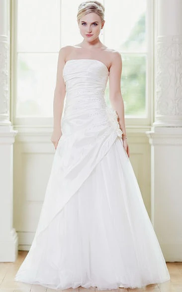 Strapless Taffeta&Tulle Wedding Dress with Beading & Flower A-Line Floor-Length