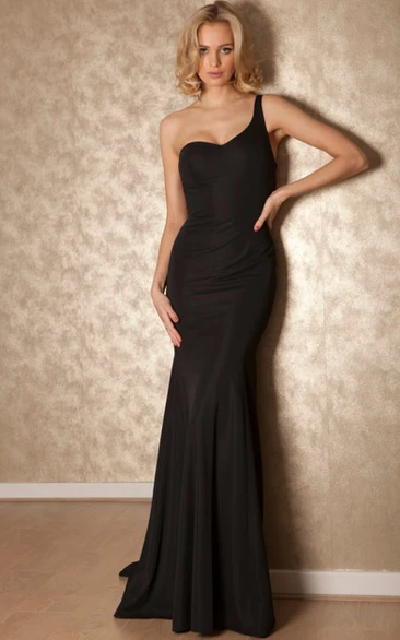 One-Shoulder Sheath Prom Dress with Straps Sleeveless Floor-Length Jersey Sweep Train