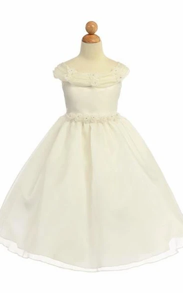 Organza Floral Tea-Length Flower Girl Dress with Tiered Skirt